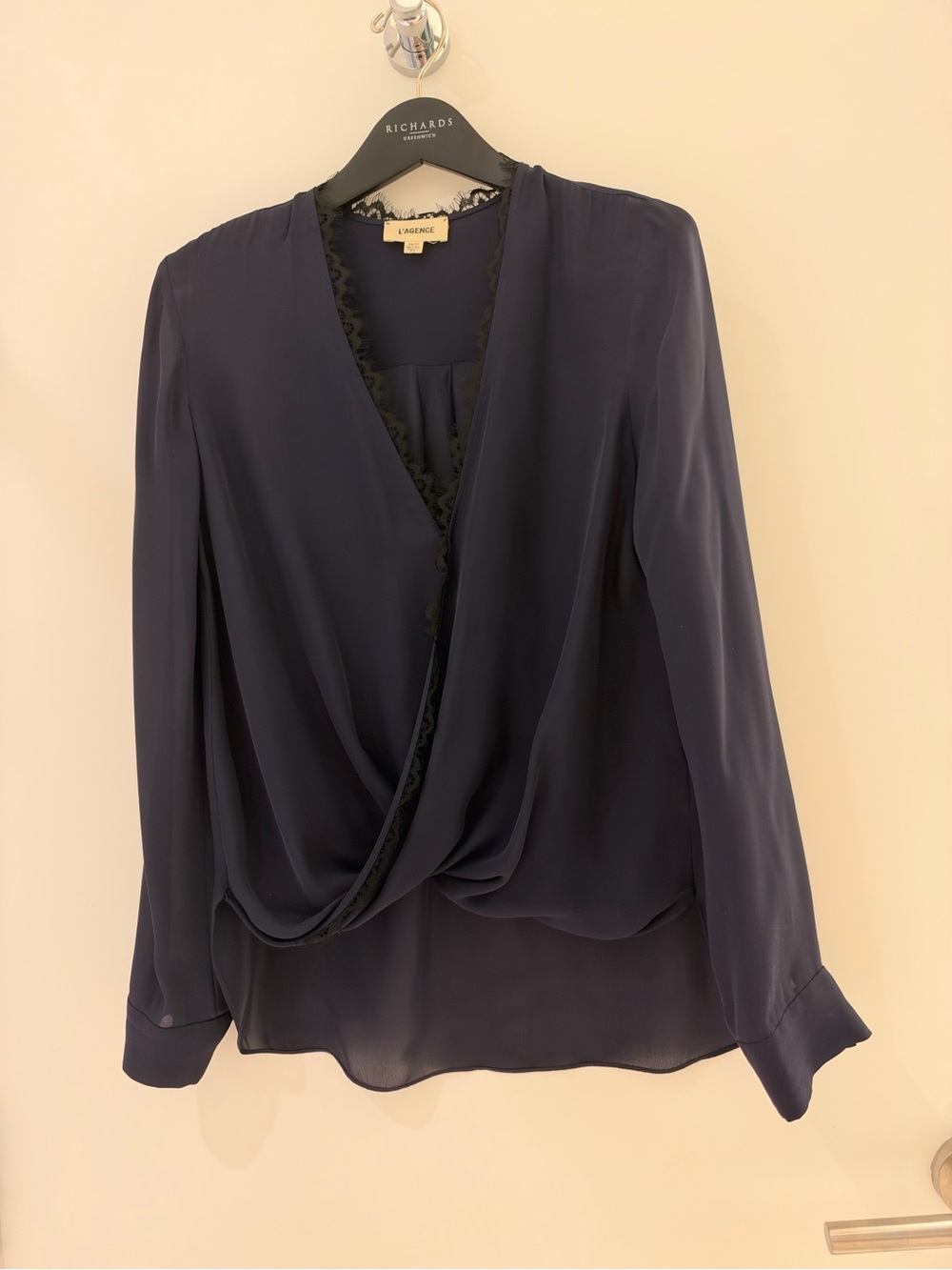 L'AGENCE Navy Lace-Trim Wrap Blouse